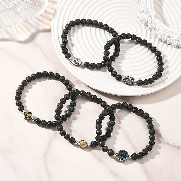 Bracelets extensibles ronds en pierre de lave naturelle et perles géométriques en nacre d'ormeau pour femmes