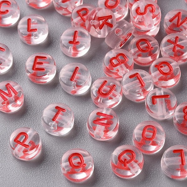 

PandaHall Transparent Clear Acrylic Beads, Horizontal Hole, Flat Round with Random Letter, FireBrick, 7x4mm, Hole: 1.6mm, about 3700pcs/500g..., Red