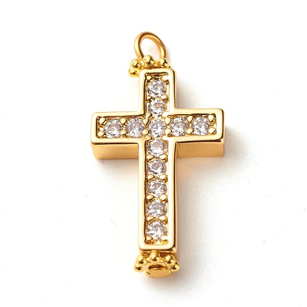 PandaHall Brass Micro Pave Clear Cubic Zirconia Pendants, with 304 Stainless Steel Jump Ring & Alloy Flower Beads, Cross, Religion, Golden...