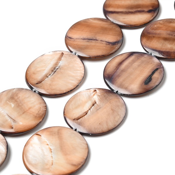

PandaHall Natural Shell Beads Strands, Dyed, Flat Round, PeachPuff, 29~30x3.5~4mm, Hole: 0.9mm, about 13pcs/strand, 15.04 inch(38.2cm) Other..., Brown