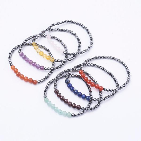 

PandaHall Faceted Non-Magnetic Synthetic Hematite Beads Stretch Bracelets, with Natural Gemstone Beads, Round, 2-1/4 inch(57mm) Mixed Stone