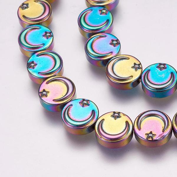 

PandaHall Electroplate Non-magnetic Hematite Beads Strands, Synthetic, Flat Round with Moon and Star, Rainbow Plated, 10x4mm, Hole: 1mm...