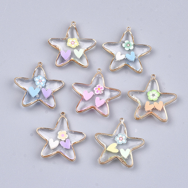 

PandaHall Epoxy Resin Pendants, with Brass Findings and Polymer Clay, Star, Light Gold, 23x22x3~4mm, Hole: 1.2mm Brass+Epoxy Resin Star..., Multicolor