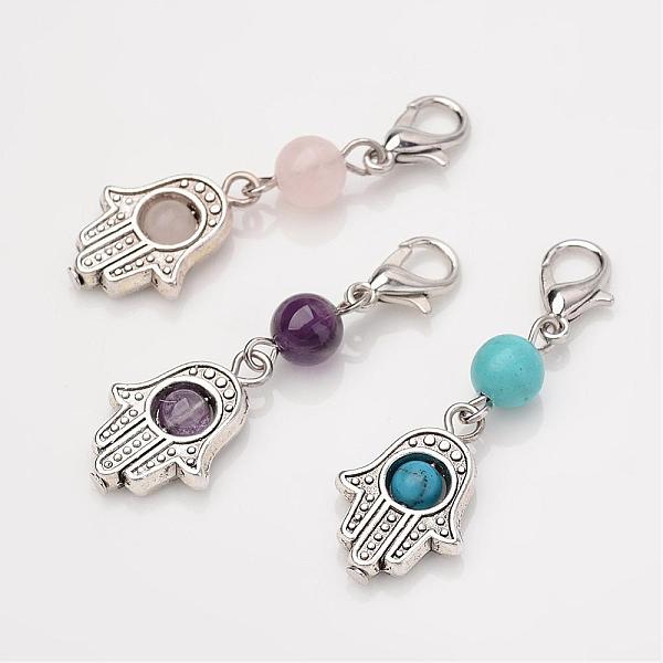 

PandaHall Tibetan Style Alloy Pendants, with Natural & Synthetic Mixed Stone Beads and Lobster Claw Clasps, Hamsa Hand/Hand of Fatima/Hand...