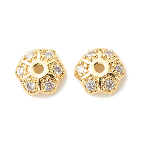 

PandaHall Brass Micro Pave Clear Cubic Zirconia Bead Caps, Cadmium Free & Lead Free, 6-Petal Flower, Golden, 7x8x2.5mm, Hole: 1.4mm...