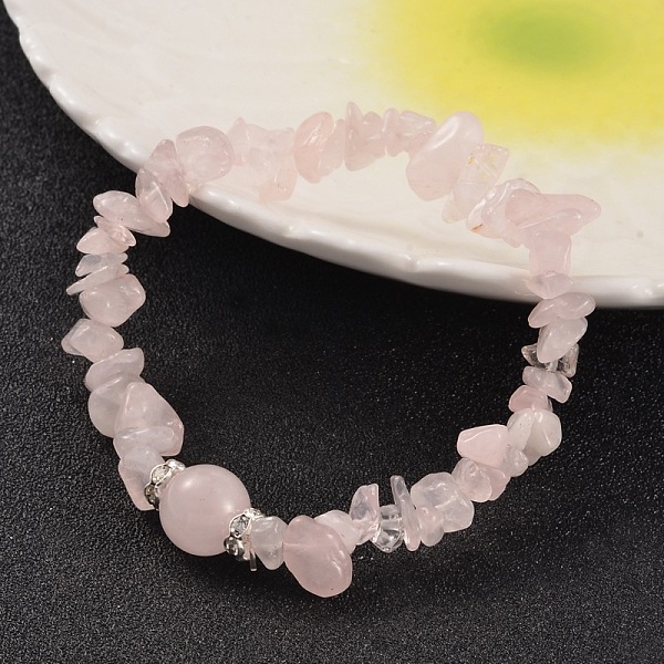 

PandaHall Chips Natural Rose Quartz Beaded Stretch Bracelets, with Brass Rhinestone Findings, Silver Color Plated, 59mm Rose Quartz Clear