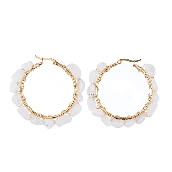 

PandaHall 304 Stainless Steel Beaded Big Hoop Earrings, with Natural White Moonstone Beads, Ring, Golden, 48x5~6mm, Pin: 0.8x1mm White...