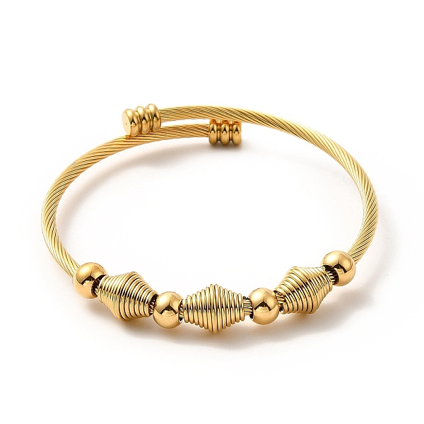

PandaHall Ion Plating(IP) 304 Stainless Steel Bicone Beaded Open Cuff Bangle, Twist Rope Torque Bangle for Women, Golden, Inner Diameter: 2...