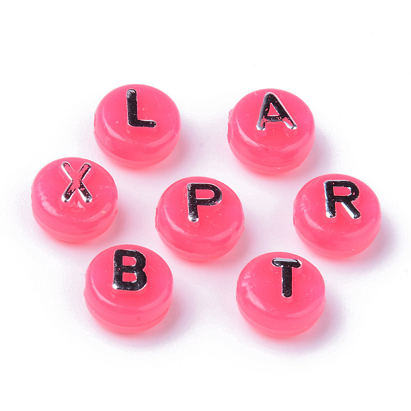 

PandaHall Opaque Acrylic Beads, Silver Metal Enlaced, Horizontal Hole, Flat Round with Random Letters, Fuchsia, 10x6mm, Hole: 2mm, about..., Pink