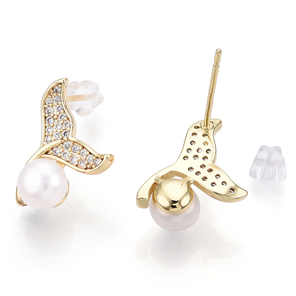 

PandaHall Brass Rhinestone Whale Tail & Natural Pearl Stud Earrings, with 925 Sterling Silver Pins, Real 18K Gold Plated, 15.5x11.5mm, Pin...