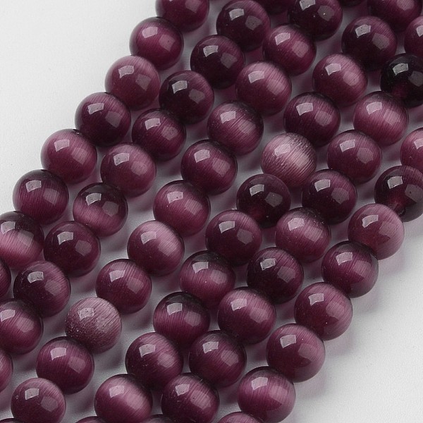 

PandaHall Cat Eye Beads, Round, Purple, 10mm, Hole: 0.8mm, about 39pcs/strand, 15 inch Glass Round Purple