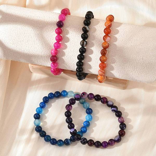 Natural Striped Agate/Banded Agate Beaded Stretch Bracelets