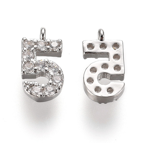 PandaHall Brass Micro Pave Clear Cubic Zirconia Charms, Number, Platinum, Num.5, 9.5~10x4~6.5x2mm, Hole: 0.8mm Brass+Cubic Zirconia Number...