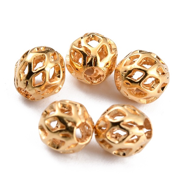 

PandaHall Long-Lasting Hollowed Plated Brass Beads, Filigree Beads, Real 24K Gold Plated, 5.5x5mm, Hole: 2mm Brass Round