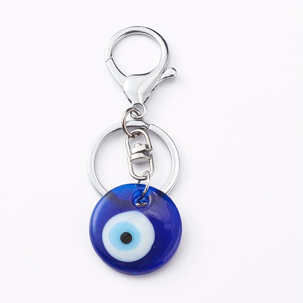 

PandaHall Handmade Lampwork Evil Eye Keychain, with Alloy Split Key Rings, Flat Round, Blue, Platinum, 8.7cm Lampwork Evil Eye Blue