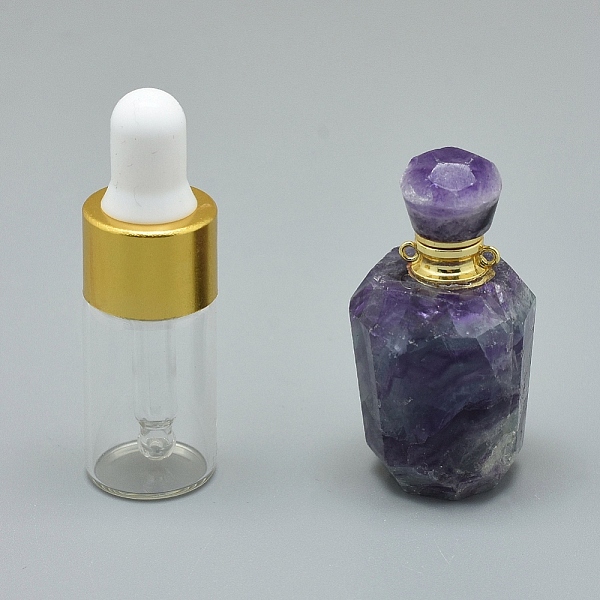 PandaHall Faceted Natural Fluorite Openable Perfume Bottle Pendants, with Brass Findings and Glass Essential Oil Bottles, 40~48x21~25mm...