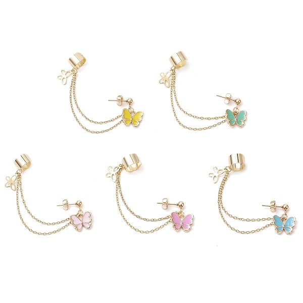

PandaHall Butterfly Alloy Enamel Chains Tassel Dangle Earrings with Ear Cuff, Golden, Mixed Color, 76mm Alloy Butterfly Multicolor