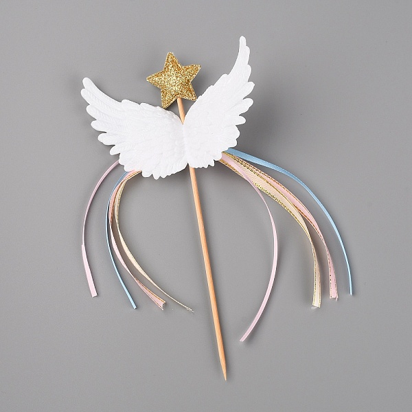 PandaHall Resin Wing & Star Cake Topper, with Skewer and Ribbon Cake Decorating Supplies, for Birthday Party Decoration, White, 198x105x30mm...
