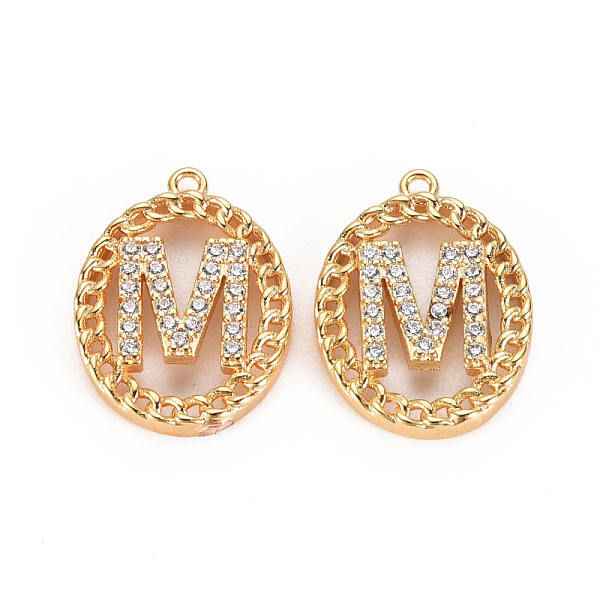

PandaHall Brass Micro Pave Clear Cubic Zirconia Pendants, Nickel Free, Real 18K Gold Plated, Oval with Word, Letter.M, 17x13x3mm, Hole: 1mm...