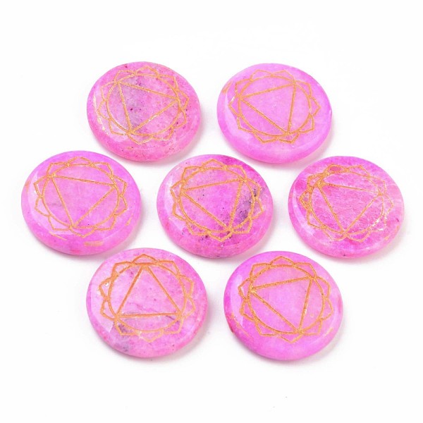 

PandaHall Natural White Jade Beads, No Hole, Flat Round with Chakra, Dyed, Manipura, 25~26x5.5mm White Jade Manipura