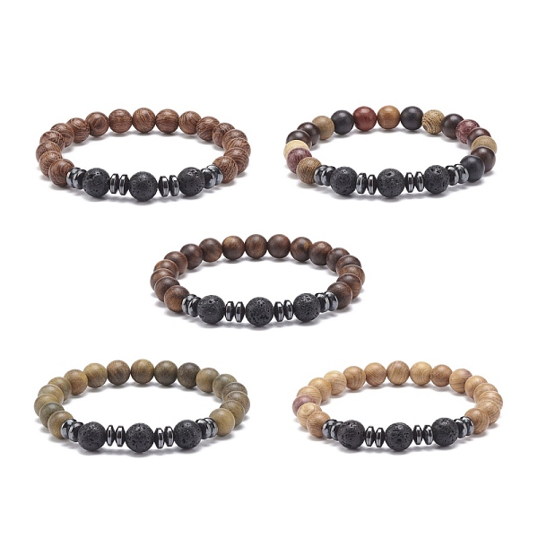 

PandaHall Natural Lava Rock & Wood Beaded Stretch Bracelet, Essential Oil Gemstone Jewelry for Women, Mixed Color, Inner Diameter: 2-1/8..., Multicolor