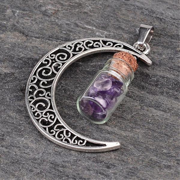 

PandaHall Column Glass Bottle with Amethyst inside Pendants, with Moon Alloy Finding and 304 Stainless Steel Findings, 41x29x10mm, Hole...