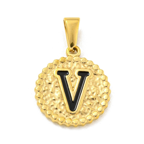 

PandaHall Ion Plating(IP) 304 Stainless Steel Enamel Pendants, Golden, Flat Round with Letter Charm, Letter V, 21x18x2mm, Hole: 8x3.5mm..., Black