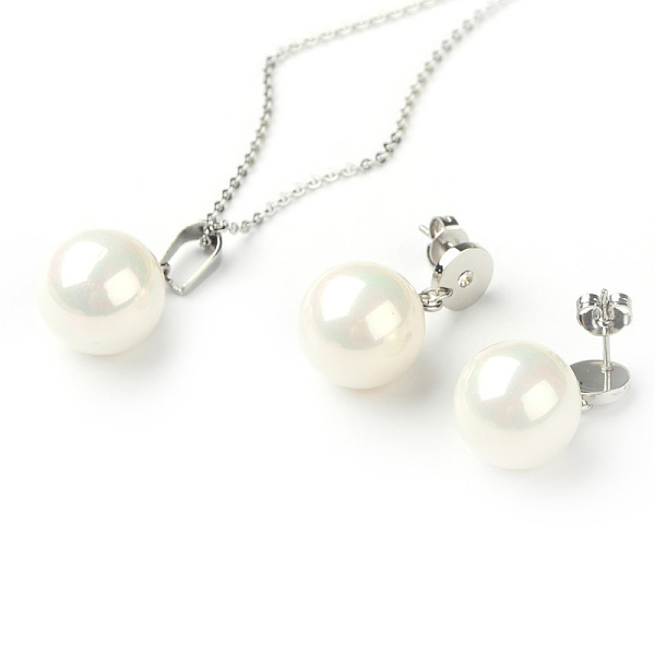 PandaHall Valentines Gift for Her 2015 316L Surgical Stainless Steel Jewelry Sets, Necklaces and Ear Studs, with Shell Pearl Beads...