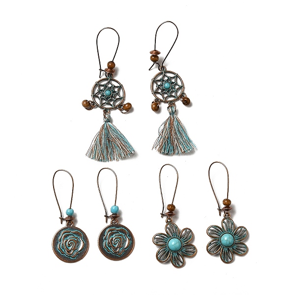 

PandaHall 3 Pairs 3 Style Woven Net & Flower Alloy Dangle Earrings Set, Wood & Resin Beaded Long Drop Earrings for Women, Red Copper & Green...