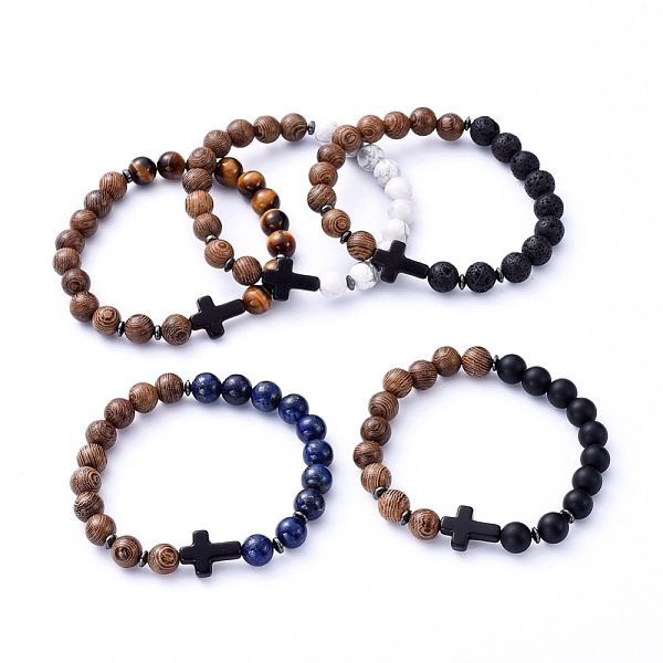 

PandaHall Natural Wood Beads Stretch Bracelets, with Natural Gemstone Beads, Non-Magnetic Synthetic Hematite Beads and Cross Synthetic...