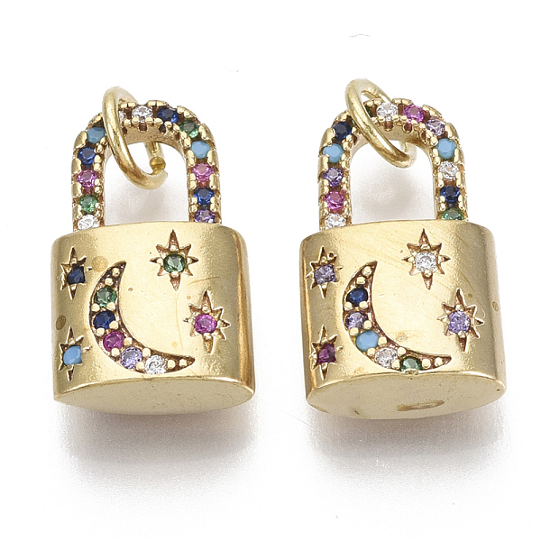 

PandaHall Brass Micro Pave Colorful Cubic Zirconia Pendants, with Jump Ring, Lock with Moon & Star, Nickel Free, Real 18K Gold Plated...