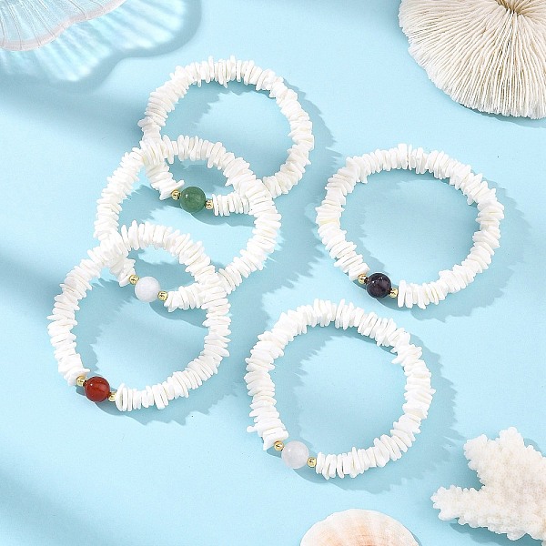 Bracelets extensibles en perles heishi carrées de coquillages naturels et perles rondes de pierres précieuses