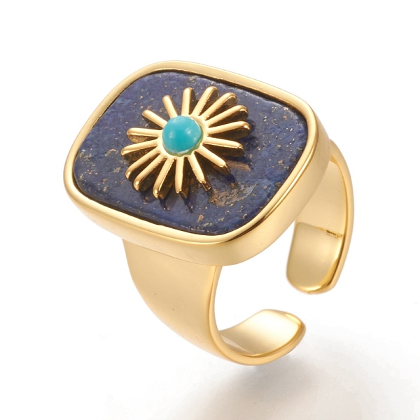 

PandaHall Natural Lapis Lazuli & Turquoise Cuff Rings, Open Rings, Long-Lasting Plated, Rectangle with Sun, Real 18K Gold Plated, Size 7...