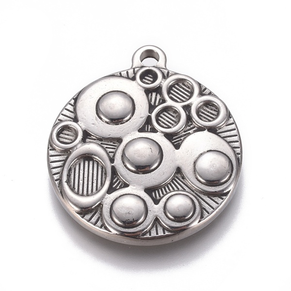 

PandaHall 304 Stainless Steel Pendants, Textured, Flat Round with Circle Pattern, Antique Silver, 29x25x3.8mm, Hole: 2mm 304 Stainless Steel...