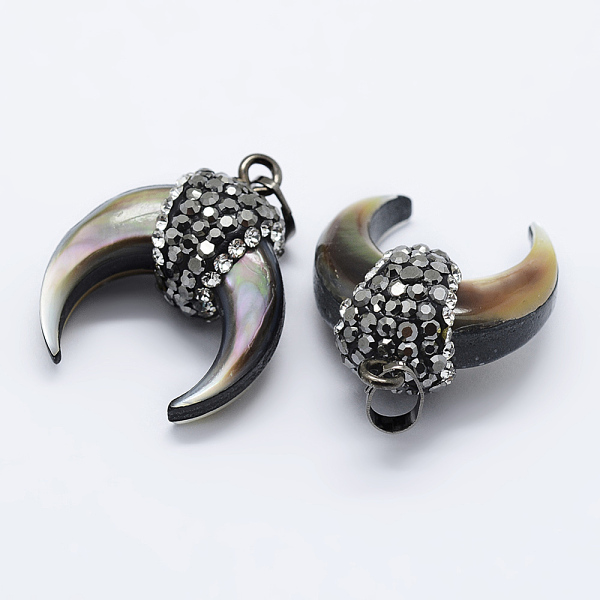 

PandaHall Natural Black Lip Shell Pendants, with Brass Finding and Rhinestone, Double Horn/Crescent Moon, Gunmetal, Colorful...