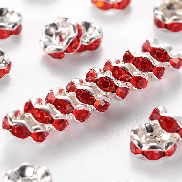 

PandaHall Brass Rhinestone Spacer Beads, Grade A, Red, Silver Color Plated, Nickel Free, Size: about 6mm in diameter, 3mm thick, hole: 1mm...