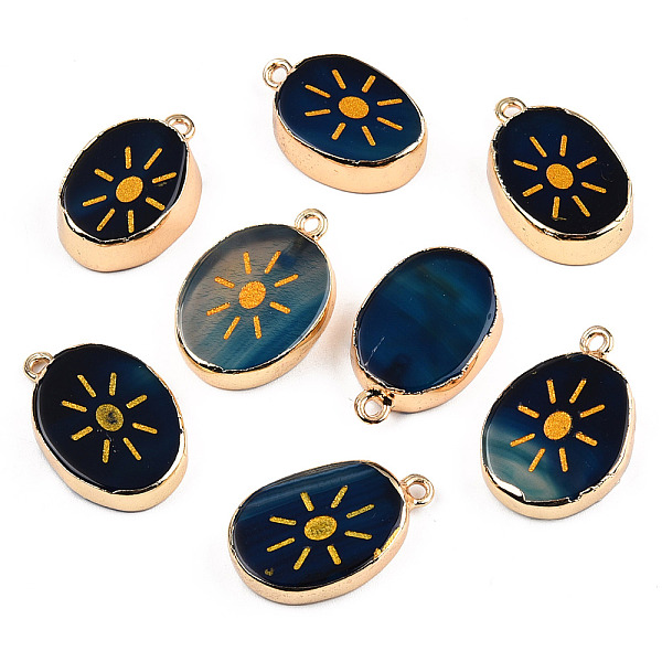 

PandaHall Natural Agate Pendants, with Light Gold Plated Brass Edge & Iorn Loops, Gold Powder, Dyed & Heated, Oval with Sun Charm, Marine...