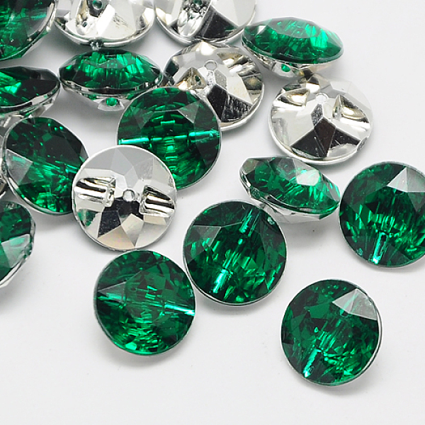 PandaHall Taiwan Acrylic Rhinestone Buttons, Faceted, 1-Hole, Flat Round, Dark Green, 25x10mm, Hole: 2mm Acrylic Rhinestone Flat Round Green