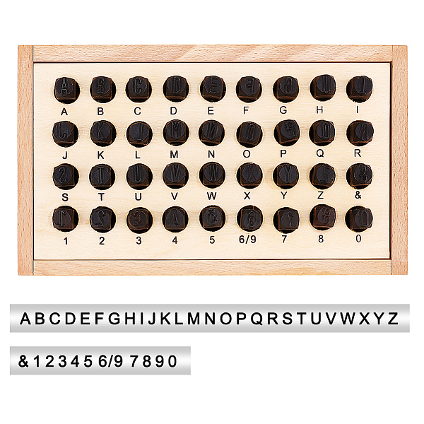 

PandaHall 40Chromium Stamps, with Wood Box, Letter A~Z & Number 0~9, Beige, Box: 20.9x12.2x7.5cm, Stamp: 62x10x10mm Wood Yellow