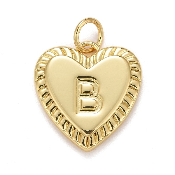 Rack Plating Real 18K Gold Plated Brass Pendants, with Jump Rings, Long-Lasting Plated, Lead Free & Cadmium Free & Nickel Free, Heart with Letter A-Z, Letter.B, 16x15x2.5mm, Jump Ring: 5x0.5mm, 3mm Inner Diameter