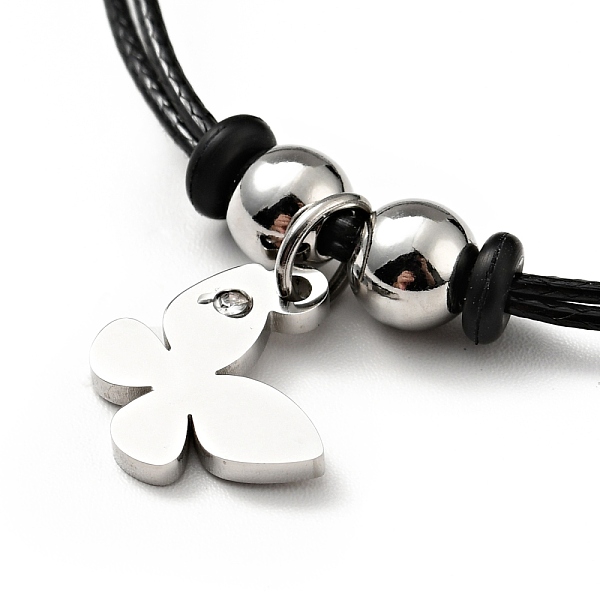 

PandaHall 304 Stainless Steel Butterfly Charm Bracelet with Waxed Cord for Women, Stainless Steel Color, 7 inch(17.8cm) Waxed Cord Black