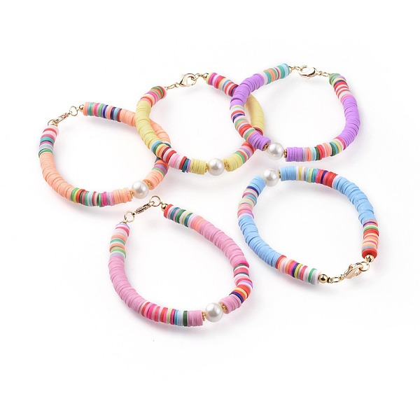 

PandaHall Handmade Polymer Clay Beads Bracelets, with Dyed Glass Pearl Round Beads and Brass Findings, Mixed Color, 7-1/2 inch(19cm), 6.5mm..., Multicolor