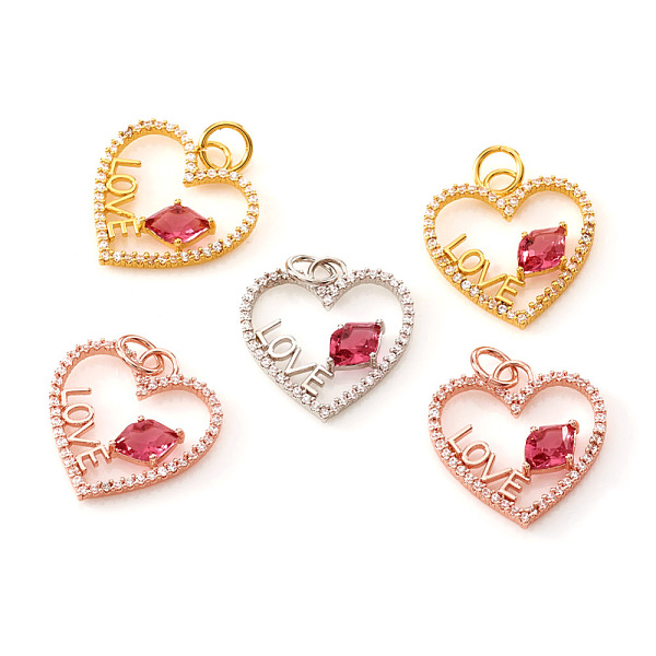 

PandaHall Brass Micro Pave Cubic Zirconia Pendants, with Jump Rings, Heart with Word Love, Clear & Cerise, Mixed Color, 17x16x2.5mm, Jump...
