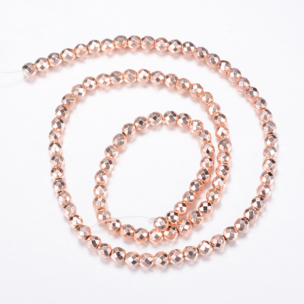 

PandaHall Electroplate Non-magnetic Synthetic Hematite Bead Strands, Round, Faceted, Rose Gold Plated, 3mm, Hole: 1mm, about 150pcs/strand...