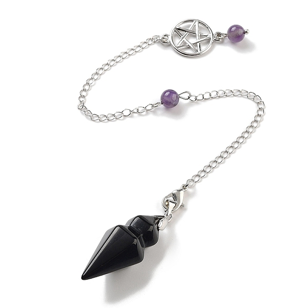 

PandaHall Natural Obsidian Pointed Dowsing Pendulums, with Rack Plating Brass Findings, Cone, 235mm Obsidian Cone