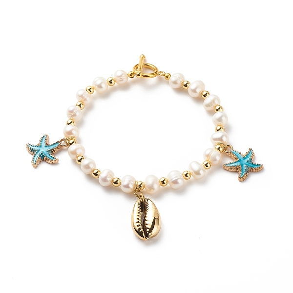 

PandaHall Natural Shell & Alloy Enamel Starfish Charms Bracelet, Natural Pearl Beads Bracelet for Women, Gold, 7 inch(17.9cm) Pearl Gold