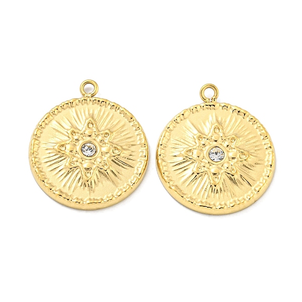 

PandaHall Vacuum Plating 304 Stainless Steel Pendants, with Crystal Rhinestone, Flat Round with Flower Charms, Real 18K Gold Plated..., Clear