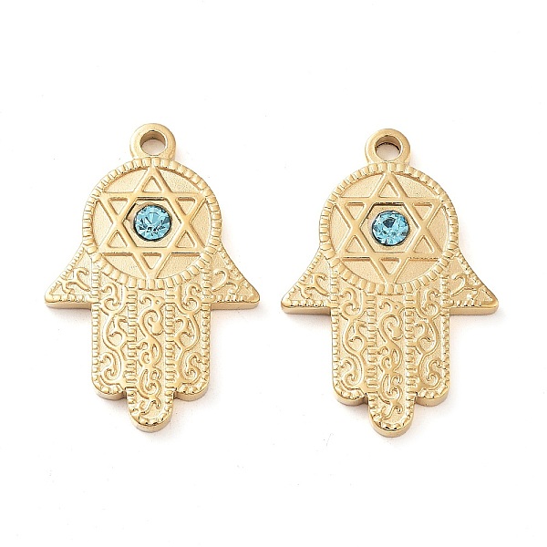 

PandaHall 304 Stainless Steel Pendants, with Glass Rhinestone, Real 14K Gold Plated, Hamsa Hand with Star of David Charms, Aquamarine..., Cyan