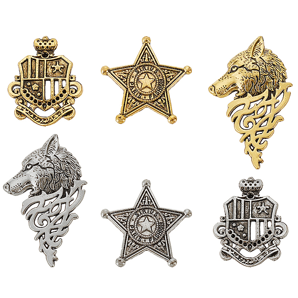 PandaHall 6Pcs 6 Style Sirius Theme Alloy Brooches, Star & Wolf & Shield Badges for Costume Accessories, Mixed Color, 36.5~55x30~36.5x4~7mm...