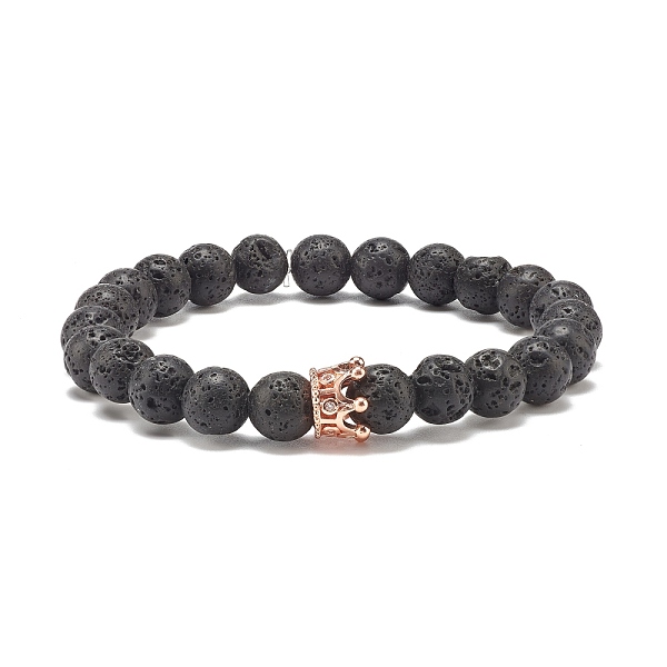 

PandaHall Natural Lava Rock Round Beaded Stretch Bracelet with Clear Cubic Zirconia Crown, Essential Oil Gemstone Jewelry for Women, Rose...